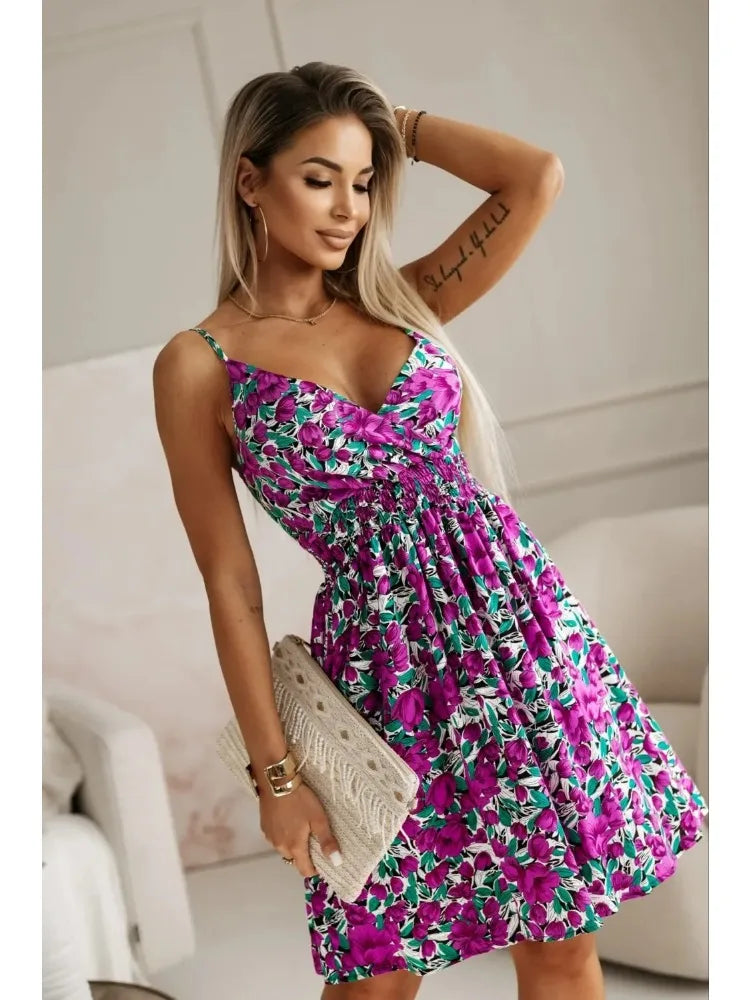 New Fashion Women's Pleated Floral Print Sexy Spaghetti Strap Sundress.  S-2X