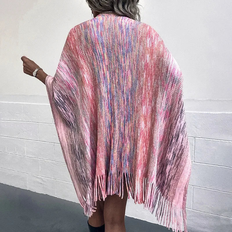 Shawl Women Full Sleeve Tassel Elegant Splice Open Stitch Poncho. (One Size)