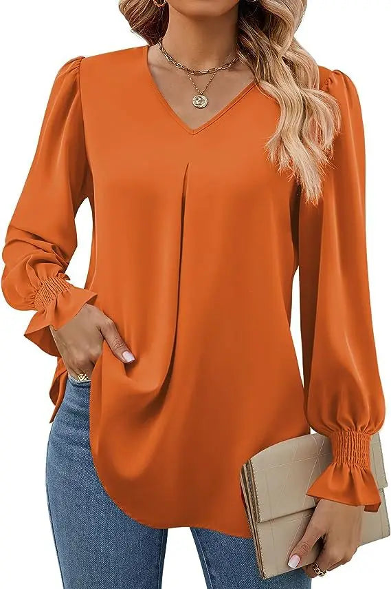 Women's Solid Colour Chiffon Shirt V-neck Long Sleeved Top Elegant Loose Blouse.  S-2X