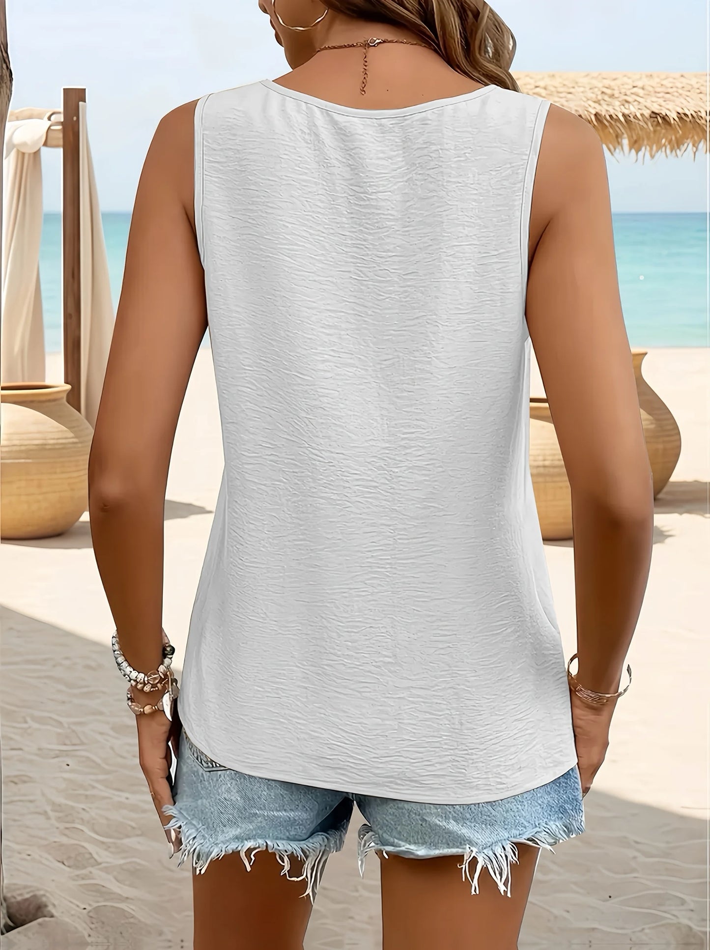 Elegant Solid Color V-Neck Woven Tank for Women Plus Size Chic Casual Top