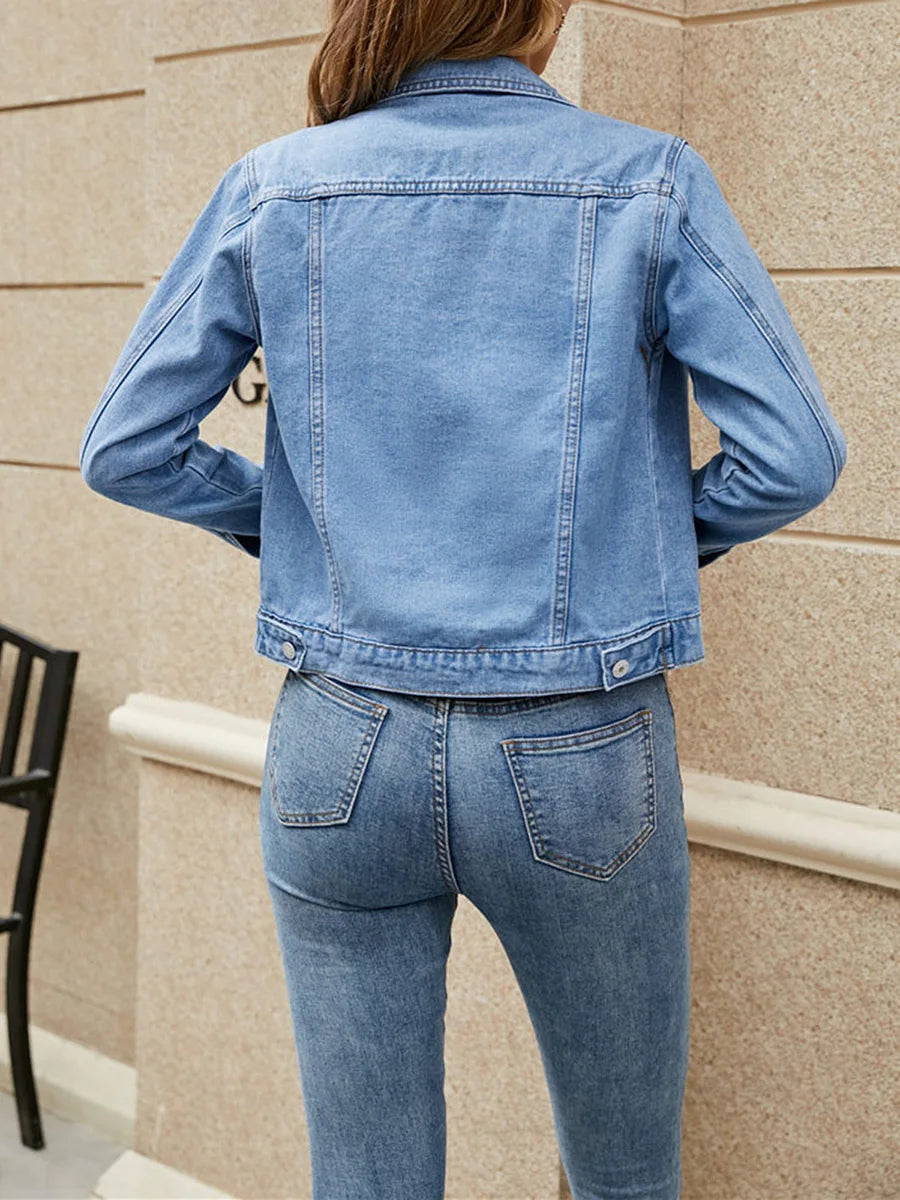 Denim Jacket For Women Solid Colour Casual Long Sleeve Button Down Chest Pocket Jean Jacket.   S-2x