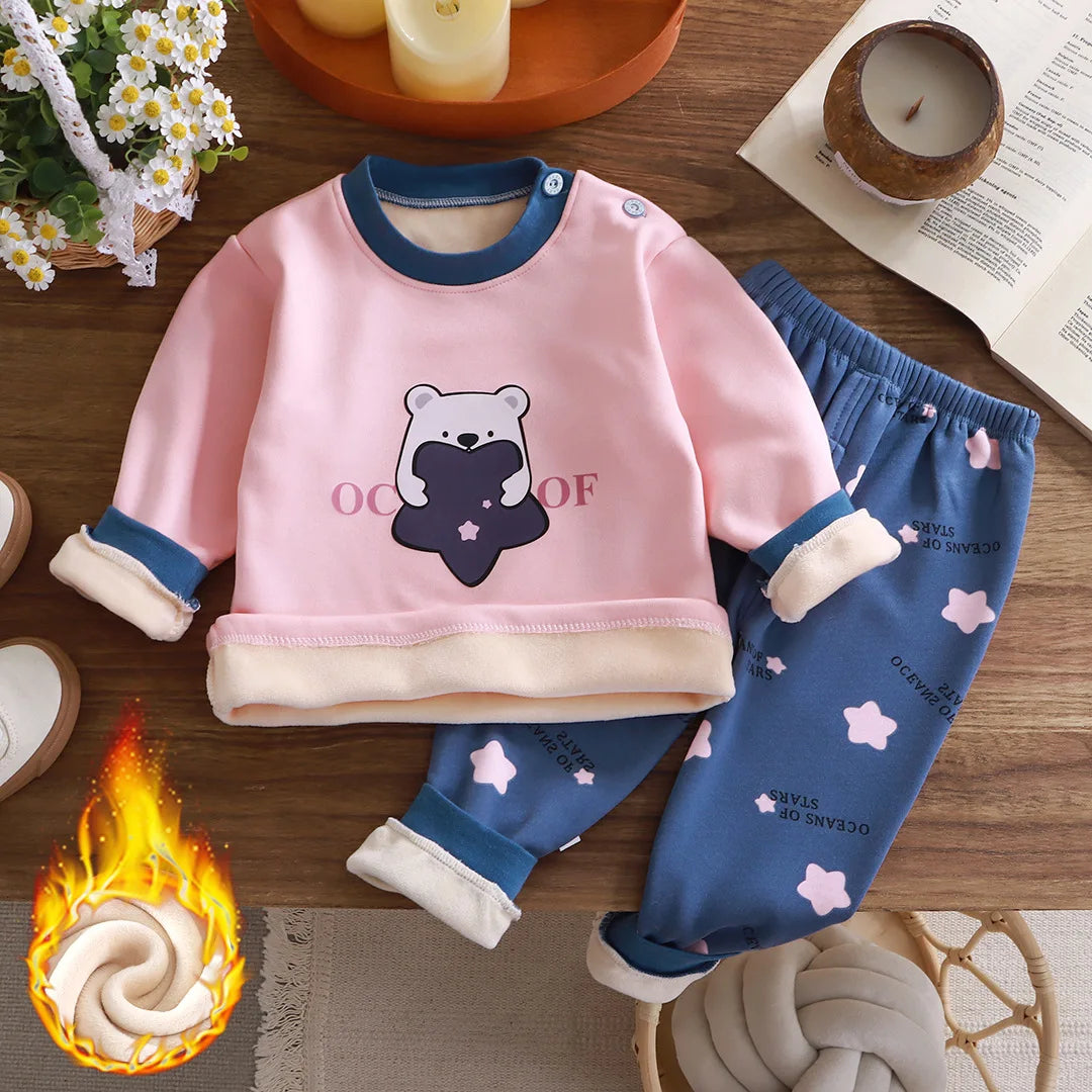Kids Clothes Sets Boys Girls Pajamas Suit Winter Padded Tops Pant 2Pcs Autumn Thicken Warm Cartoon Long Sleeved Sleepwear Oufits