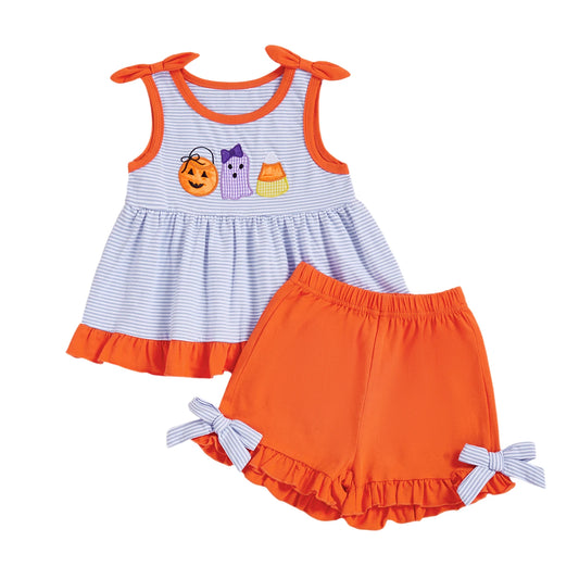 Toddler Little Girl Halloween Outfit Striped Pumpkin Ghost Ruffle Tank Tops Elastic Waist Shorts 2 Piece Set.