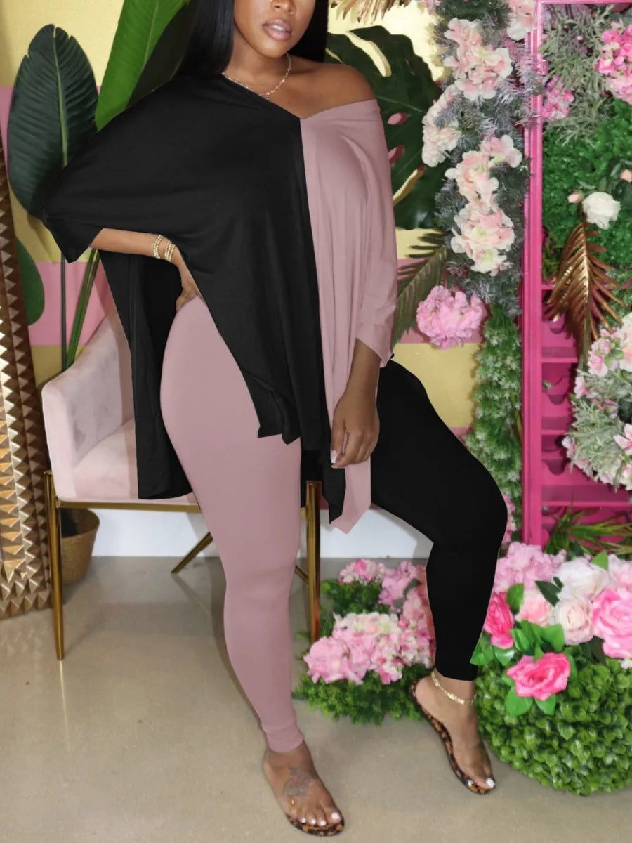 Plus Size V Neck Side Split Patchwork Pants Set Casual Short Sleeve Two Piece Outfit
