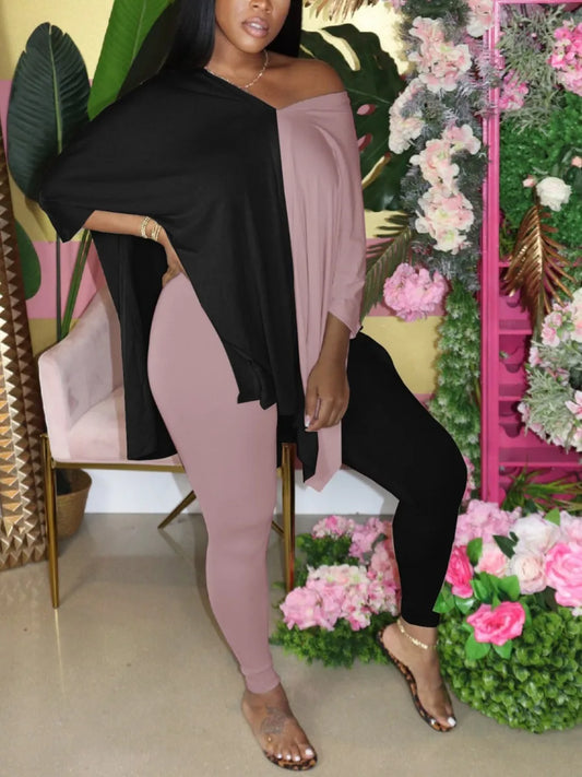 Plus Size V Neck Side Split Patchwork Pants Set Casual Short Sleeve Two Piece Outfit