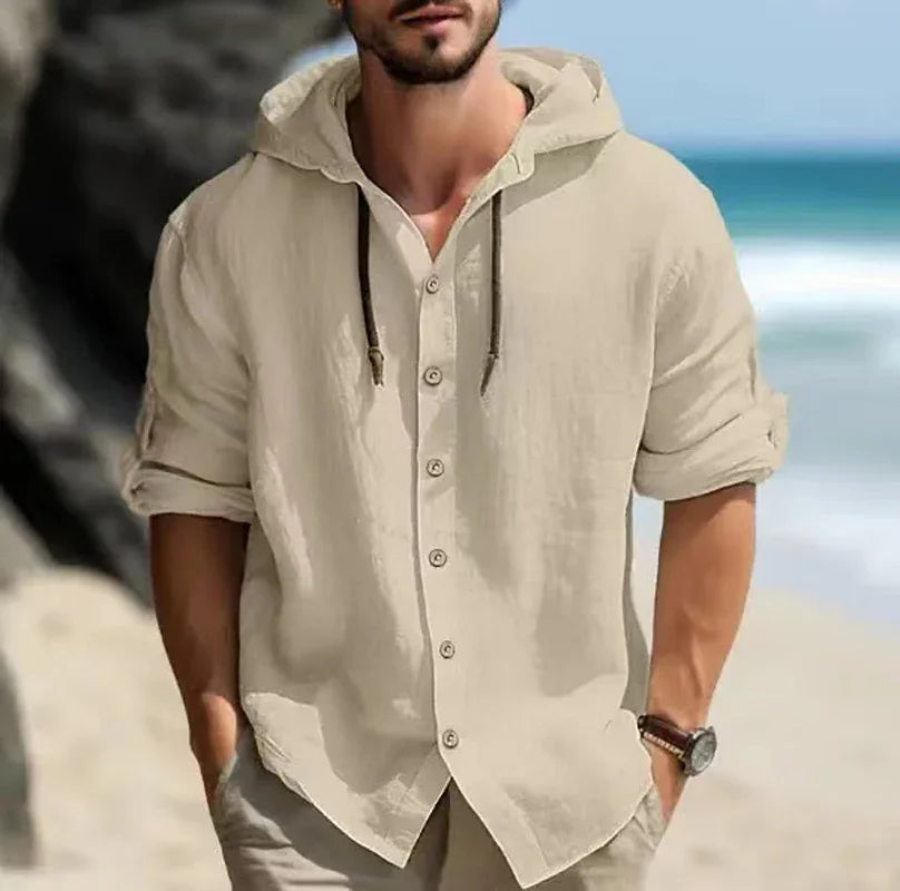 Summer Men's Linen Shirt Solid Street wear Long Sleeve Hoodie Cardigan Button Casual top