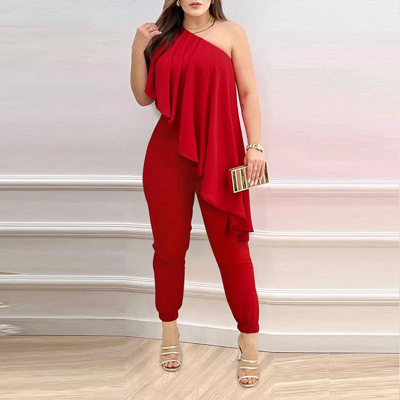 New Pencil Pants Women Summer Printed Fashion Skew Collar Sleeveless Ruffles Jumpsuit.  S-2x