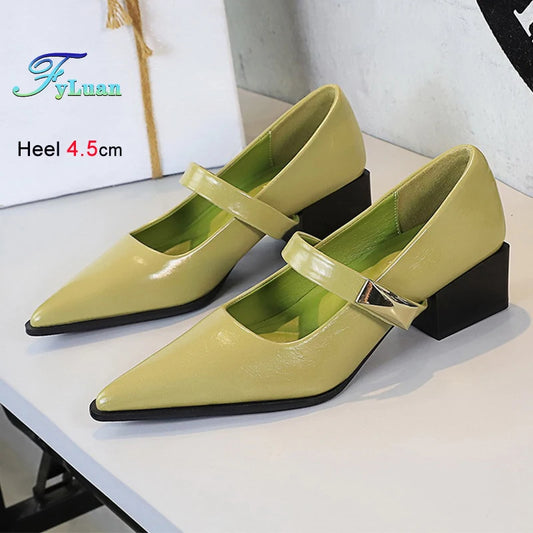 Retro Beautiful Italian Style 4.5cm Pumps Low Heeled Pointed Women Shallow Mouth Metal Buckle Pumps Thick Heel