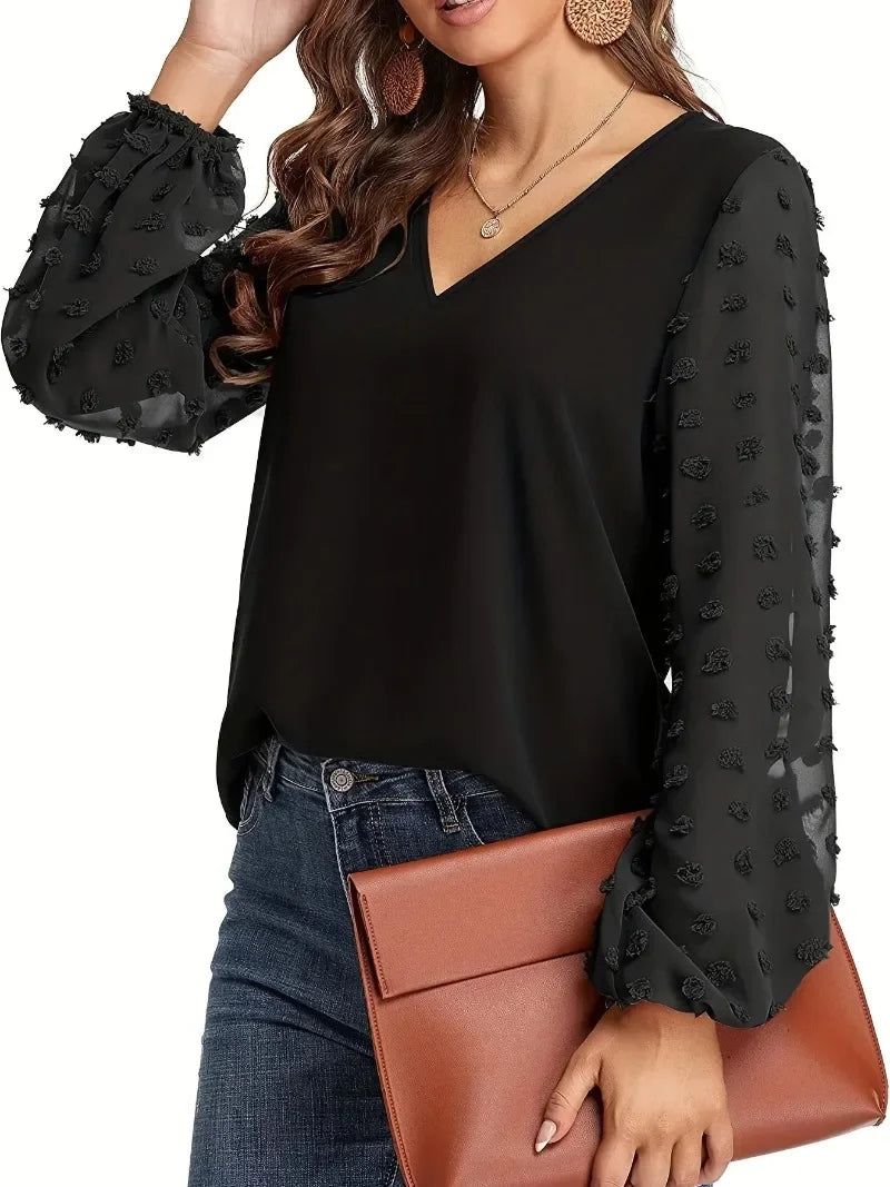Plus Size 1XL-5XL Women's Polka Dot Sleeved Long Sleeved Casual V-neck Solid Colour Sleeves Semi Transparent Shirt