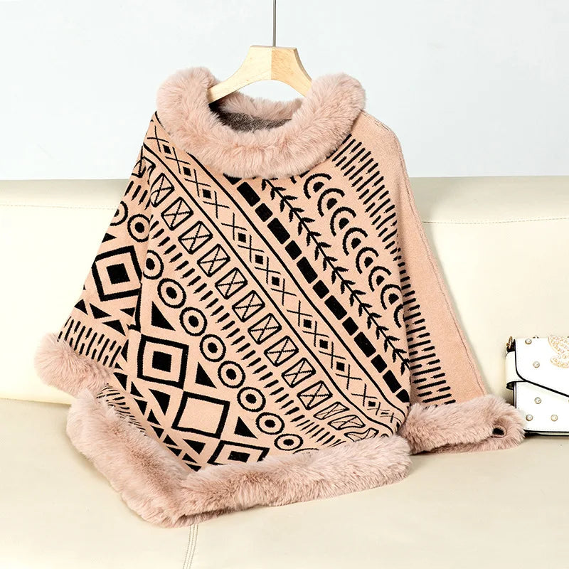 Women Poncho/ Sweater Pullover Fur Collar Cloak Irregularity Warm Thick Elegant Autumn Winter Casual Poncho