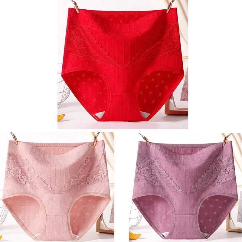 3pcs Curvy Size High Quality Cotton Underwear Lace High Waist Breathable Solid Colour.