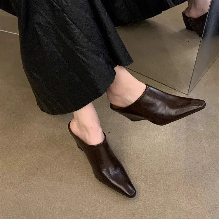 European Soft Leather Slope Heel High Fashion Shoe