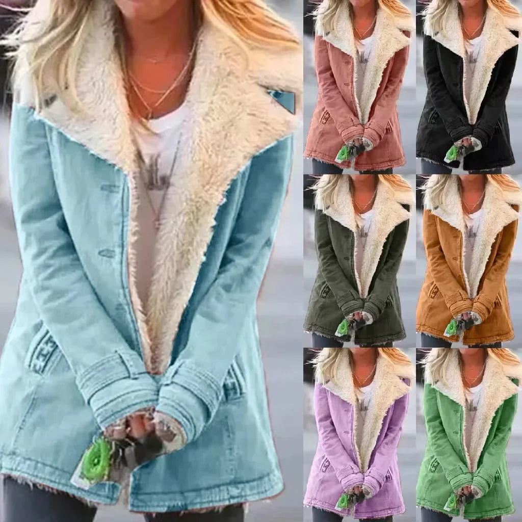 Women Autumn Winter Solid Color Plush Lapel Fashion Casual Jacket.  S-3X
