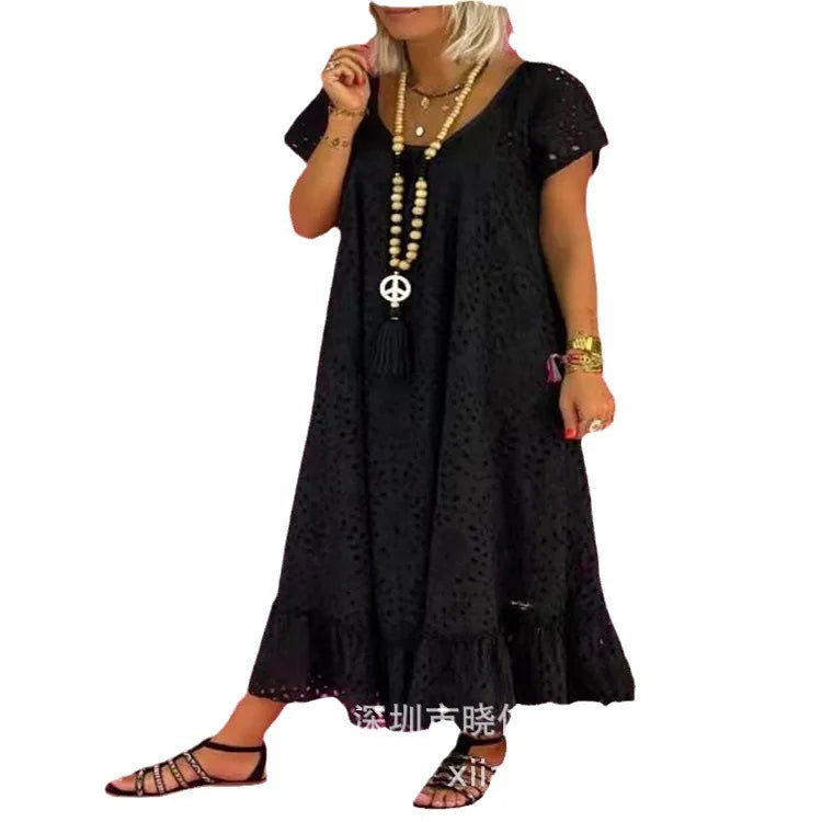 Women Dress Lace Hollow Spliced Casual Long Ruffle Solid Loose Summer  Dress 2025.  S-3X