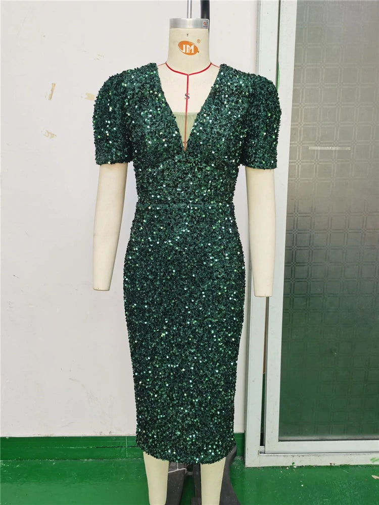 Elegant Green Sequin Dress Sexy V Neck Party Dress for Women
