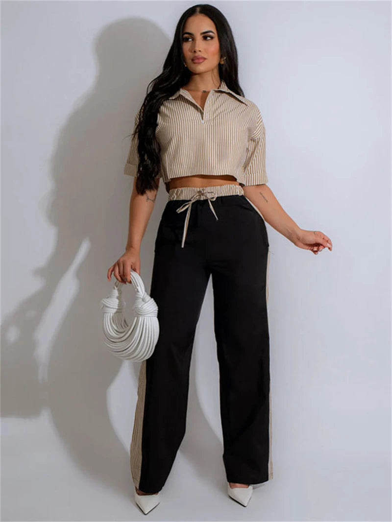 Fashion 2 Piece Women Outfit Striped Shirt Top and Pant Set Casual Sporty Suit.  S-2X