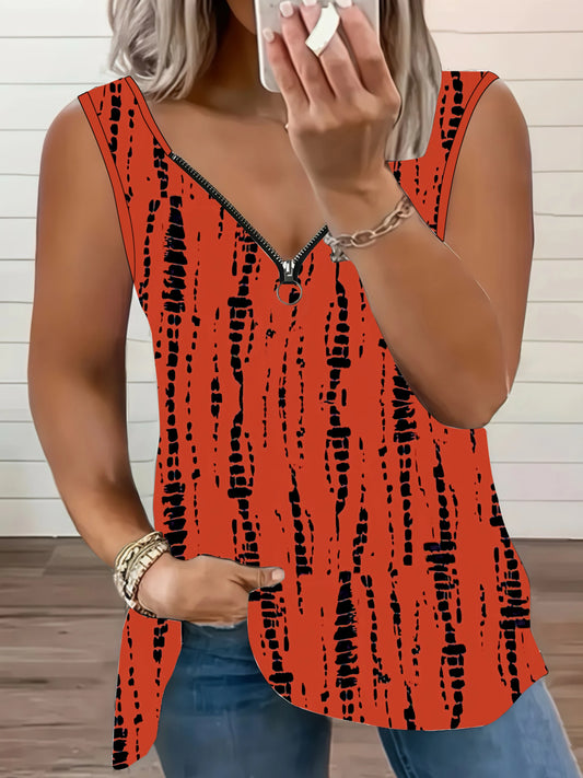 Plus Size Women's Print V-Neck Zipper Elegant Loose Fit Top for Casual Fashion