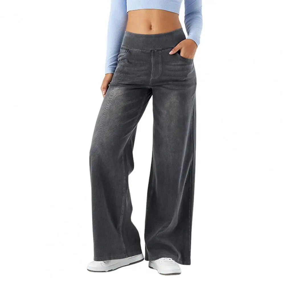 Women's High Waist Wide Leg Jeans - Elastic Waist Denim Pants with Pockets.  XS-XL