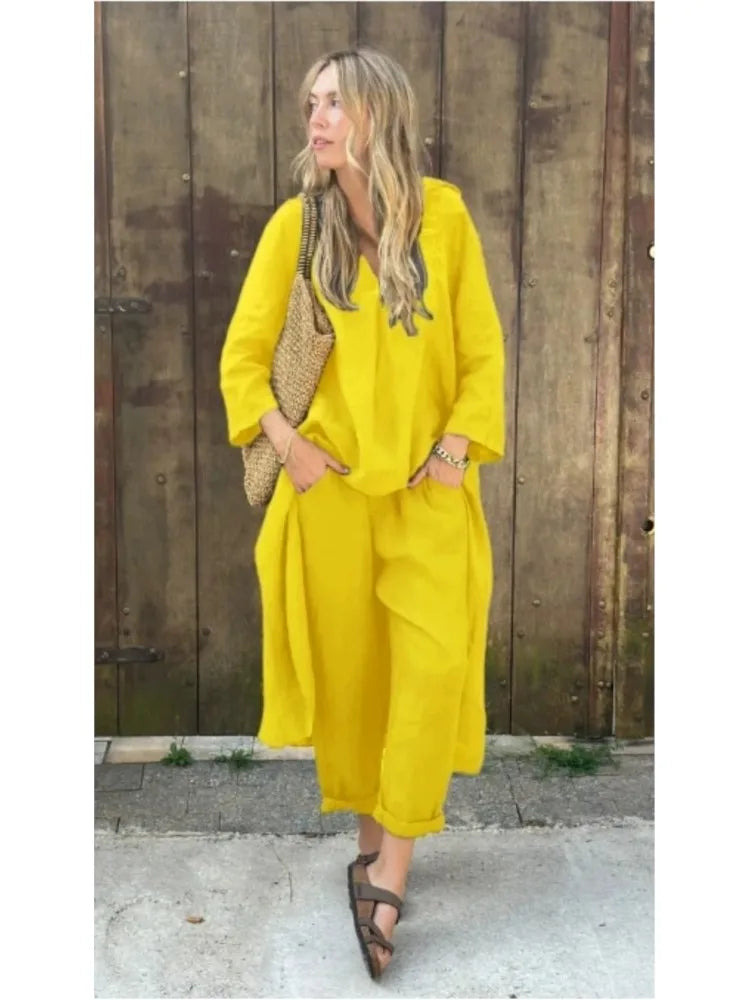 New Women's Pocket V-neck 2-piece Set Solid Loose Casual Women's Clothing Fashion Elegant Two Piece Outfits Woman.  S-3X