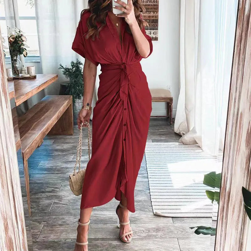 Summer Fashion Printed Short Sleeve Dress Vintage Waist Tie-up Button Bandage Long Dress.  S-3x