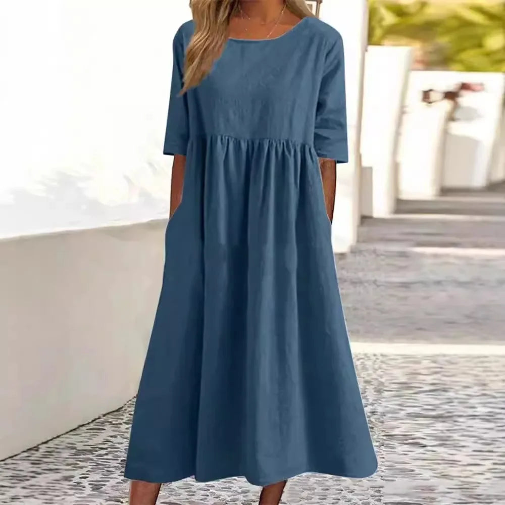 Casual Loose Long Plus Size High Waist Cotton Linen Dress.   S-5X