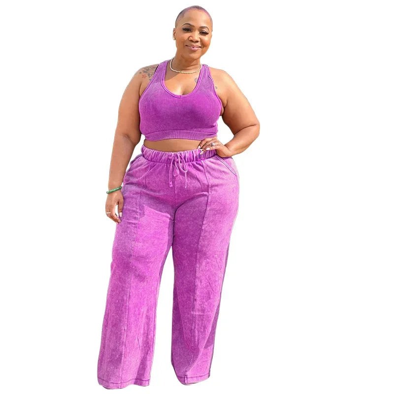 Plus Size Women's Sleeveless Top +Wide Leg Straight Pants Washed Two 2 Piece Set Outfit .