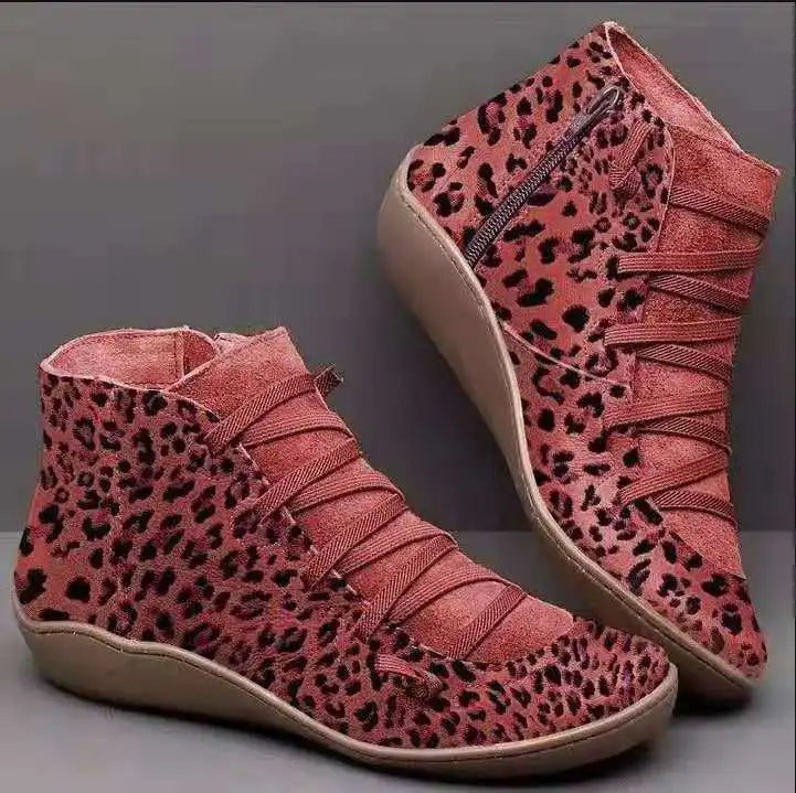 New Women's Ankle Boot/Shoe Casual Leopard Print Wedge Flat Warm Booties