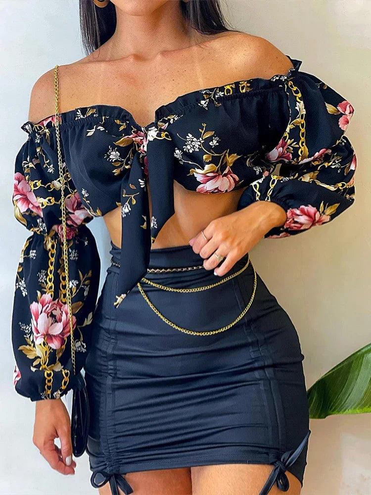 Summer Sexy Two Piece Set Women Chic Slash Collar Lantern Sleeves Crop Top & Solid Pattern Bodycon Skirt Set.