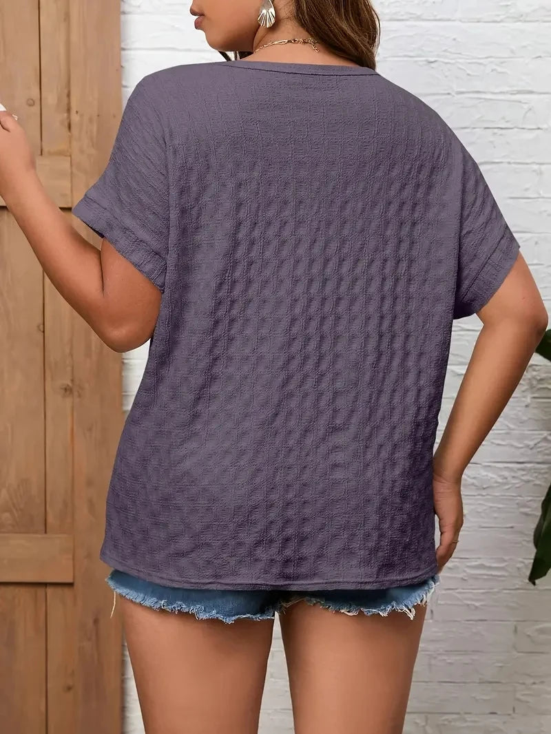 Plus Size Womens Casual Crew Neck Short Sleeve Solid Color T-Shirt - Soft Slight Stretch Polyester Fabric, Spring/Summer/Fall