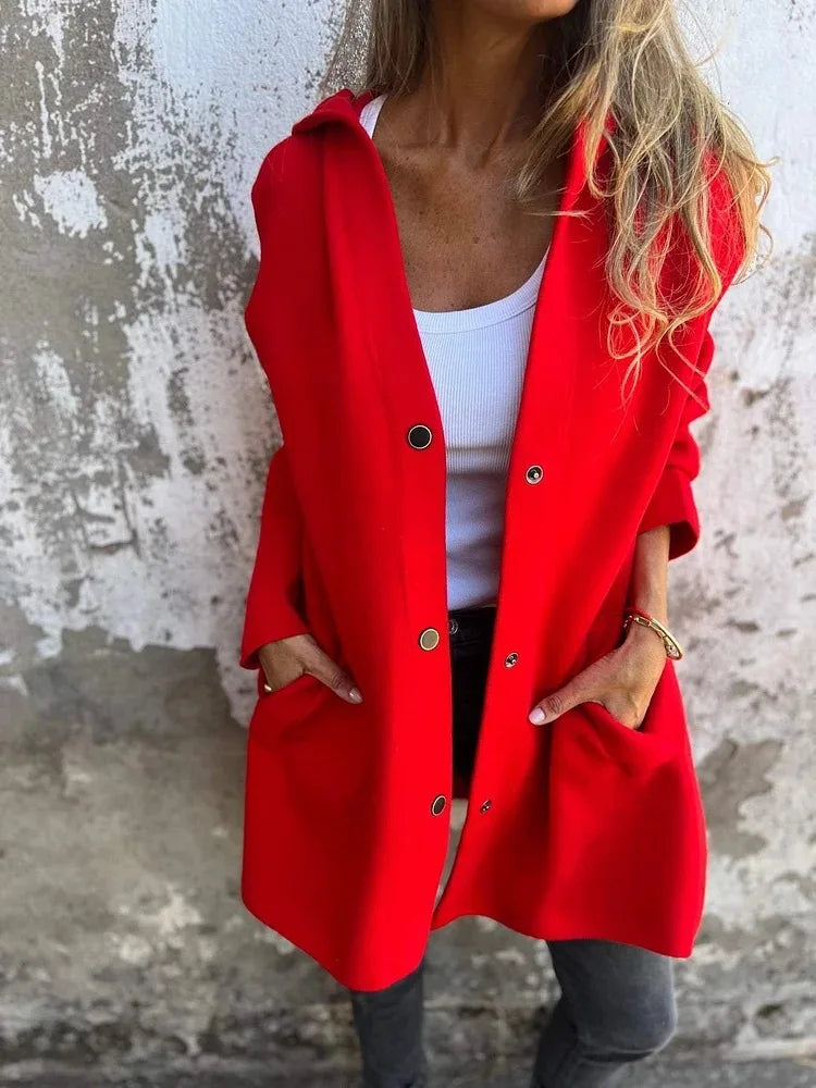Women solid button hooded pocket jacket casual loose jackets great for fall outerwear fall .  S-2X
