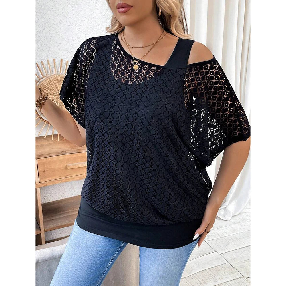 Plus Size Mesh Hollow Out Women’s Blouse Elegant Asymmetric Neck Short Sleeve 2-Piece Set .