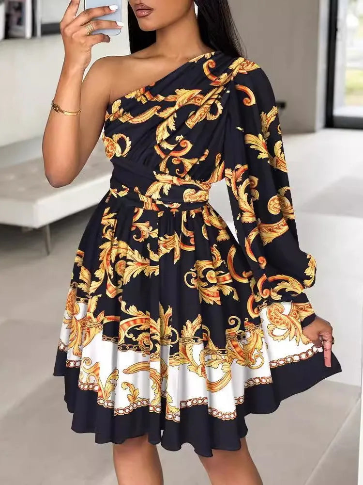 New Boho Print Women's Dress Spring Fashion Sexy Off Shoulder Elegant Dress.