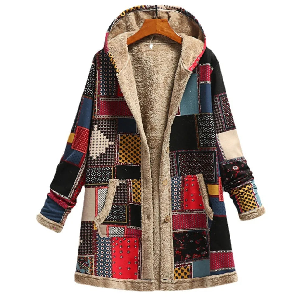 Women's Long Plush Jacket with Cotton and Linen Print Hooded for Warmth, Winter New Style.   S-3X