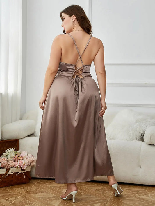 Plus Size Women's Sleeveless Criss Cross Backless Side Split Party Maxi Dress Satin Sling Cowl Neck