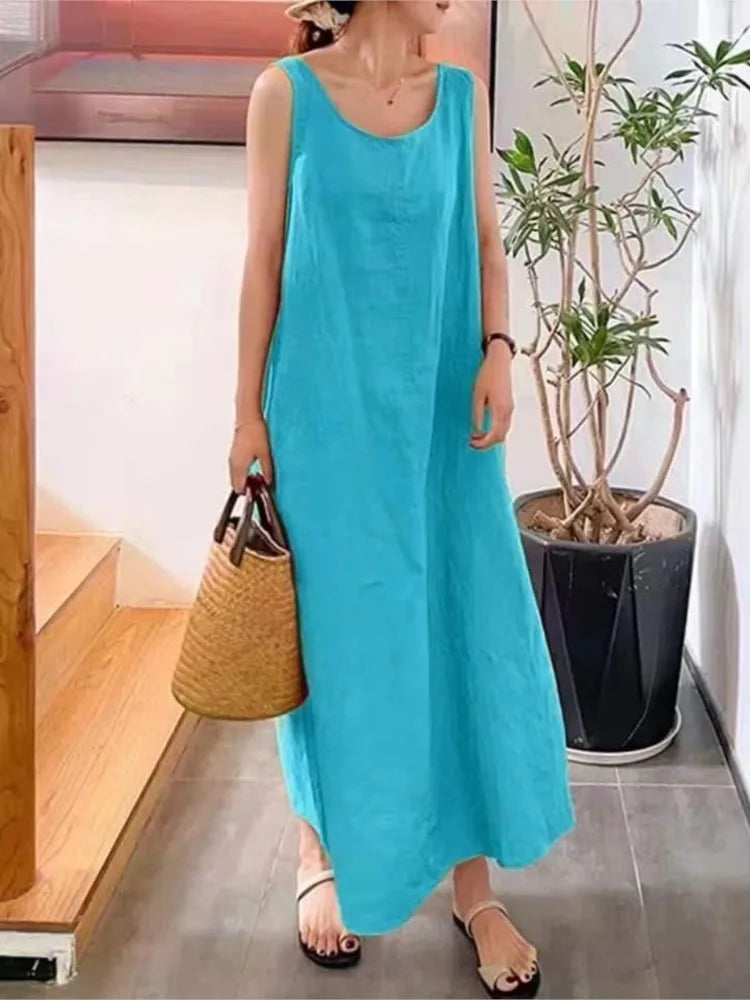 Fashion Cotton And Linen Simple Women's Long Dress Summer Casual Loose Pocket O-neck Elegant Women's Sundress.  S-4X