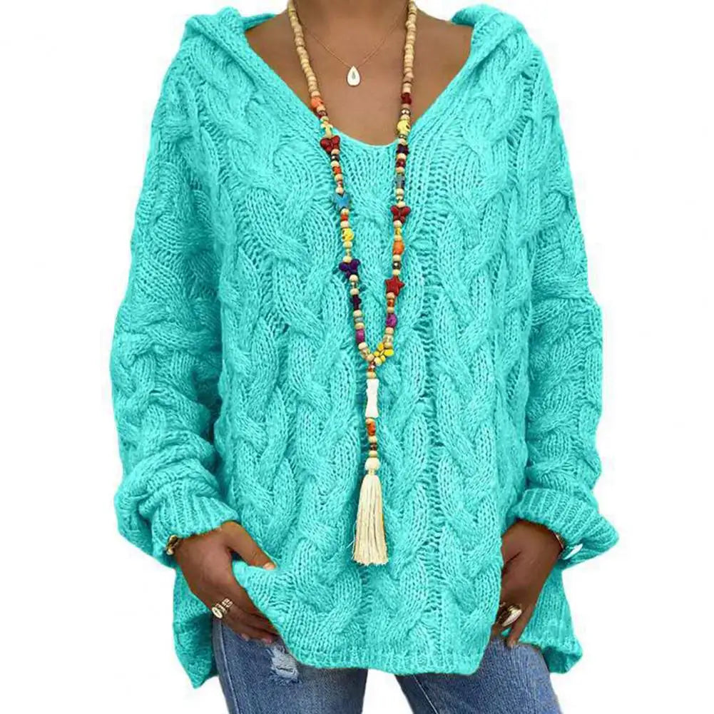 Hooded V-Neck Long Sleeves Twist Knitted Solid Colour Loose Sweater.  S-3x
