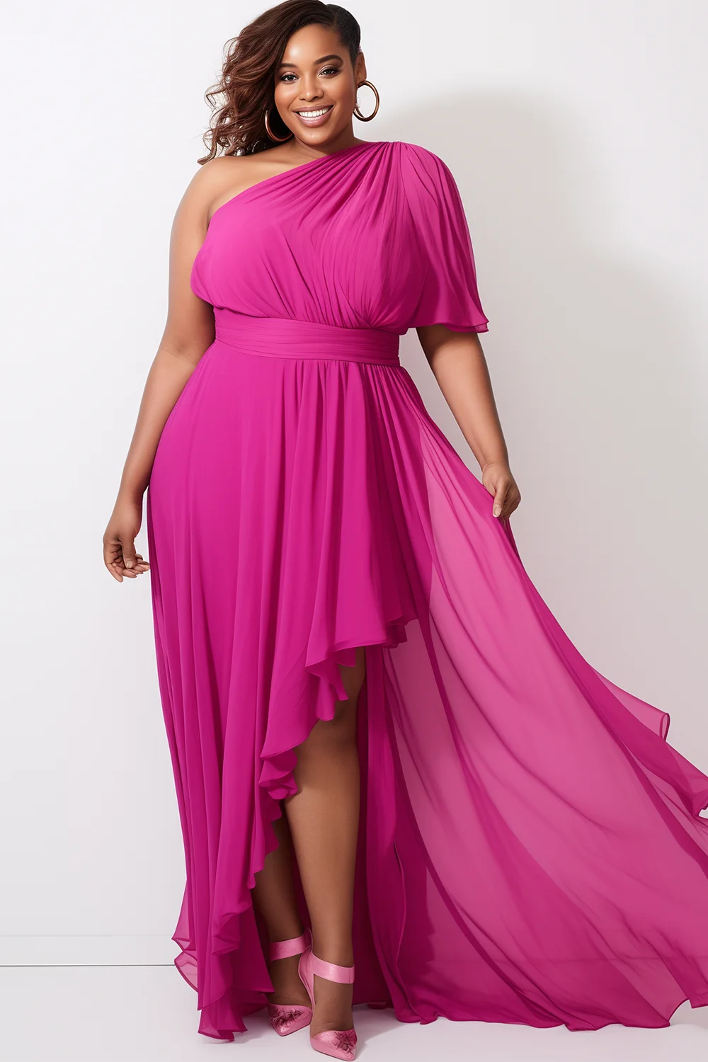 Ladies Curvy Size Formal Hot Pink Oblique Collar Short Sleeve Irregular Hem Ruffled Fold Chiffon Elegant Wedding Guest Maxi Dress.