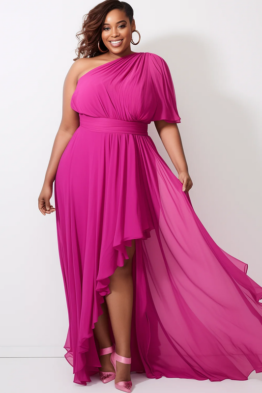 Ladies Curvy Size Formal Hot Pink Oblique Collar Short Sleeve Irregular Hem Ruffled Fold Chiffon Elegant Wedding Guest Maxi Dress.