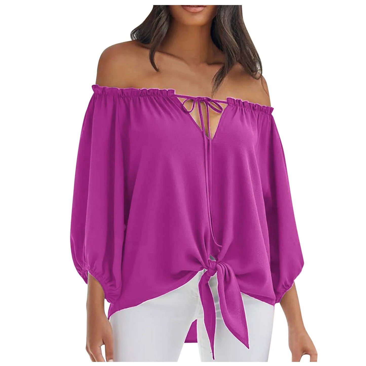 Summer Blouse Sexy Off Shoulder Elegant Women Tops Half Sleeve Casual Loose Solid Colour Tie Blouse