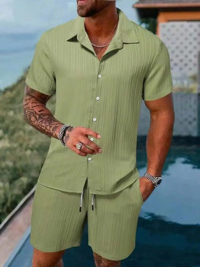 Spring and summer European Style new men's striped jacquard loose shorts and shirt set.   S-3x