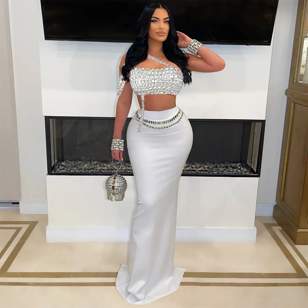 Rhinestone 2 Piece Skirt Set Elegant Luxury Long Skirt Summer Outfit Crop Top Two Piece Set.  S-2x