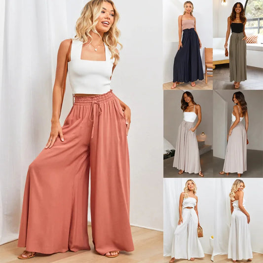 Spring and Summer New Women's Wide-leg Trousers Elastic Belt Wide-leg High-waist .  S-2X
