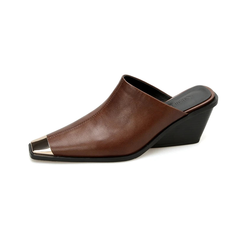 Women's New Summer Metal Headed Genuine Leather Cowhide Large Square Headed Retro Muller Slip on Shoe