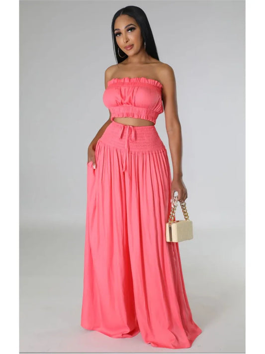 Sexy Ultra Short Breast Wrap And Pants Stylish Ladies 2 Piece Strapless Top + Loose Wide Leg Pant Suit.  S-xxL