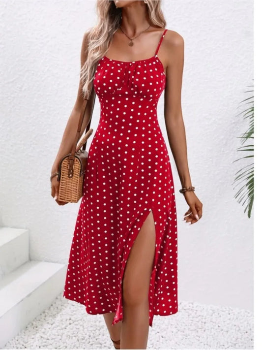 Summer Sexy Spaghetti Strap Dress Fashion Polka Dot Print Sleeveless Slit Dress Boho Casual Dress.  S-xxl