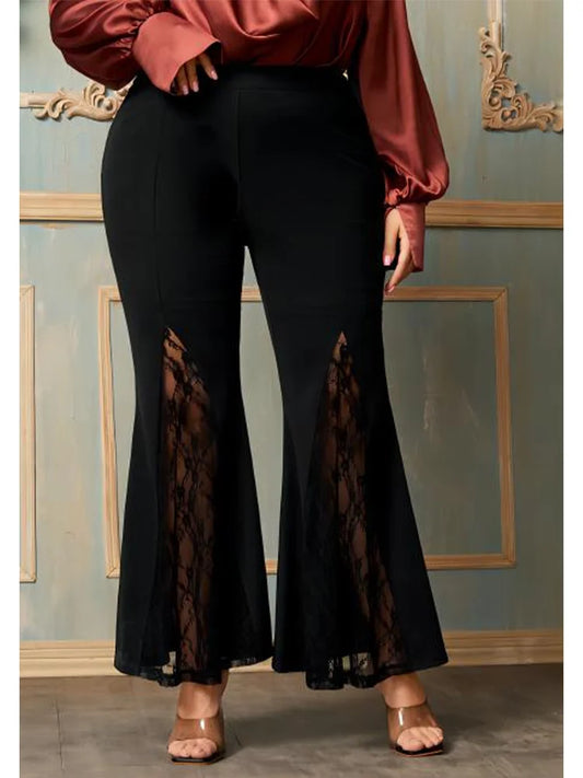 Plus Size Casual Black High Waist Lace Flare Leggings Sexy Vintage Women Pants