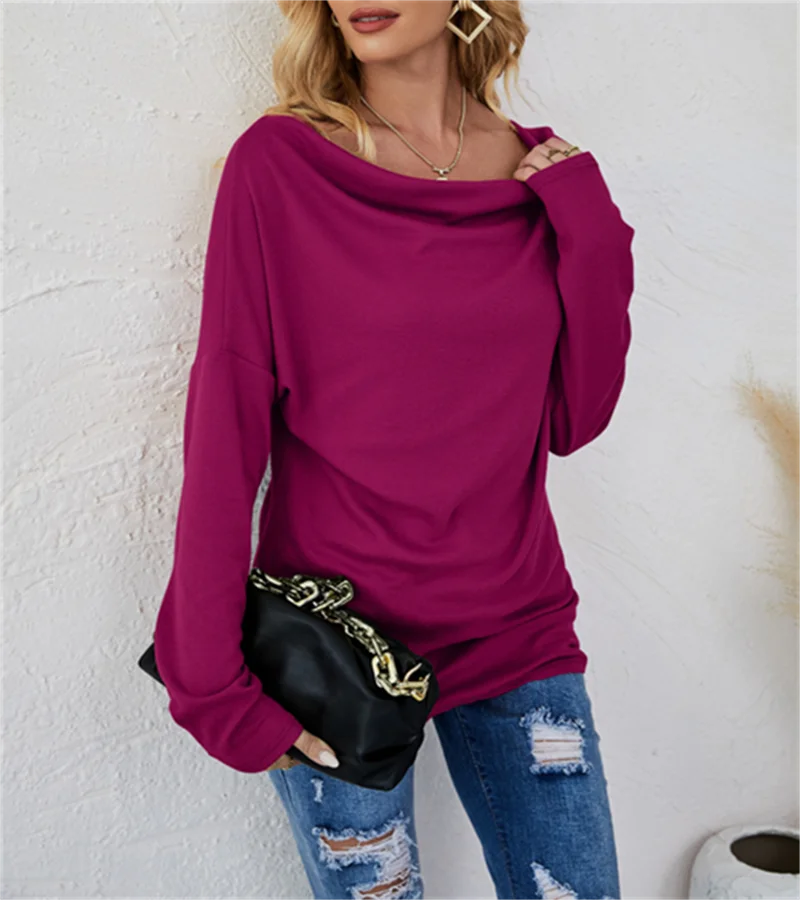 European women's long-sleeved fashion solid colour loose round-necked shirt.  S-2X