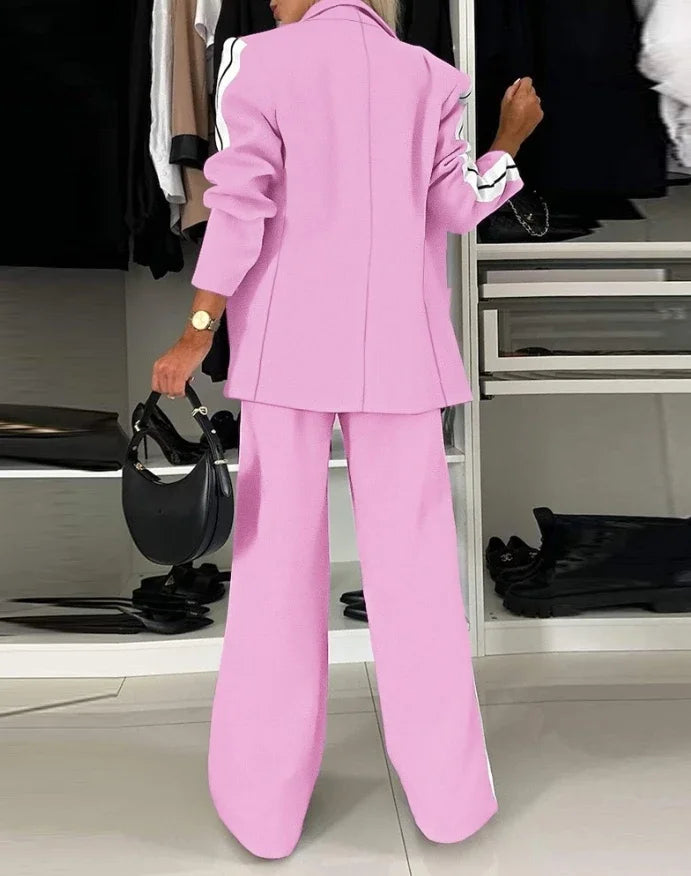Women's Fashion Latest Striped Side Sporty Tape Notched Collar Front Button Blazer Wide-Leg Pants  Set