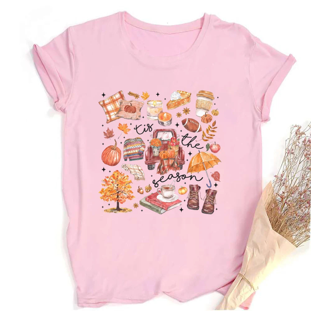 Women's Fall Shirt Pumpkin Season Short Sleeves Fashion Fall Harvest  Tshirt .  S-2X