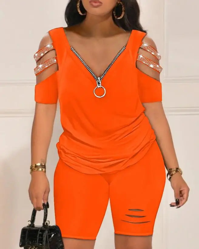 Casual Two Piece Set Short Sleeve Rhinestone Cold Shoulder Top & High Waist Shorts Set.